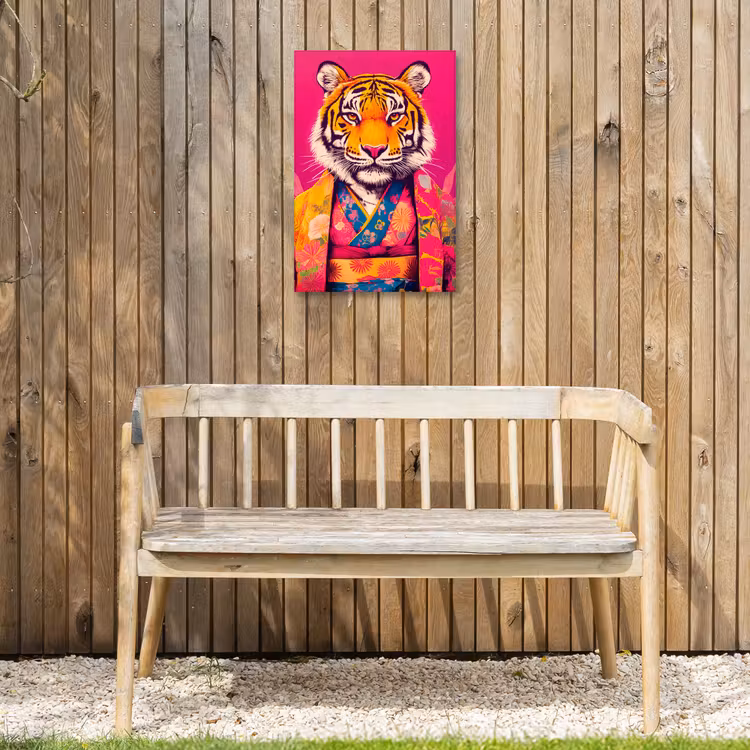 Tijger - Kimono - Planten - Roze Tuinposter op houten frame 2 cm dik klein -sfeer4
