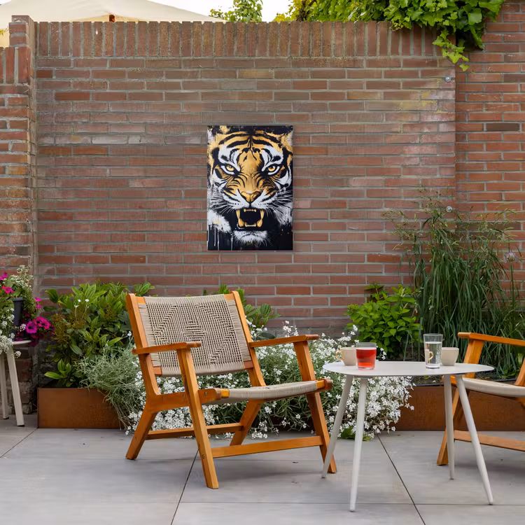 Tijger - Verfspatten - Goud Tuinposter op houten frame 2 cm dik klein -sfeer3