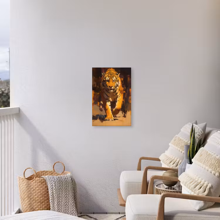 Tijger - Geschilderd - Oranje - Penseelstreken Tuinposter op houten frame 2 cm dik klein -sfeer1