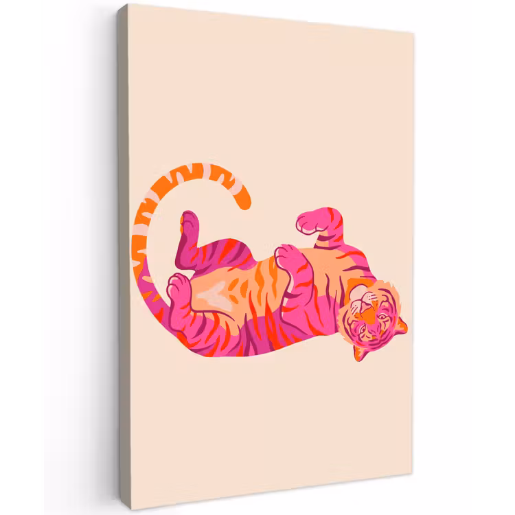 Tijger - Roze - Oranje Tuinposter op houten frame 2 cm dik klein -3d