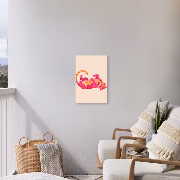 Tijger - Roze - Oranje Tuinposter op houten frame 2 cm dik klein -sfeer1