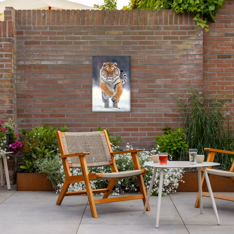 Tijger rennend door de sneeuw Tuinposter op houten frame 2 cm dik klein -sfeer3