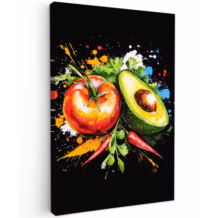 Tomaat - Avocado - Peper - Graffiti - Verf - Modern Tuinposter op houten frame 2 cm dik klein -3d