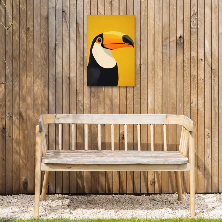Toekan - Minimalistisch - Snavel - Oranje Tuinposter op houten frame 2 cm dik klein -sfeer4