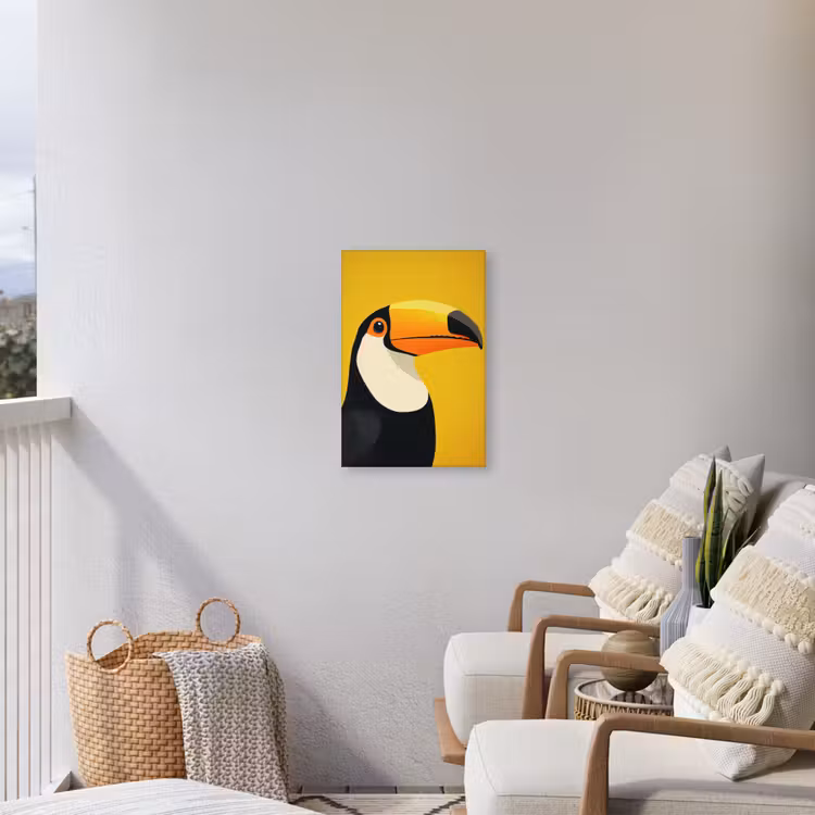 Toekan - Minimalistisch - Snavel - Oranje Tuinposter op houten frame 2 cm dik klein -sfeer1