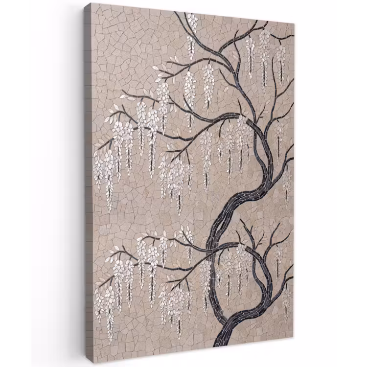 Boom - Bloemen - Mozaïek - Kunst - Wit Tuinposter op houten frame 2 cm dik klein -3d