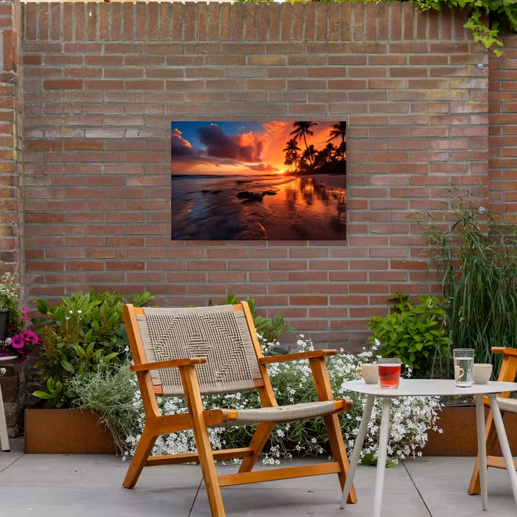 Tropische Zonsondergang Tuinposter op houten frame 2 cm dik middel -sfeer3