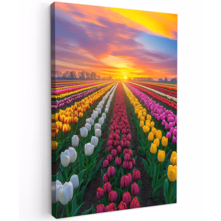 Tulpenveld - Zonsondergang - Kleurrijk Tuinposter op houten frame 2 cm dik klein -3d