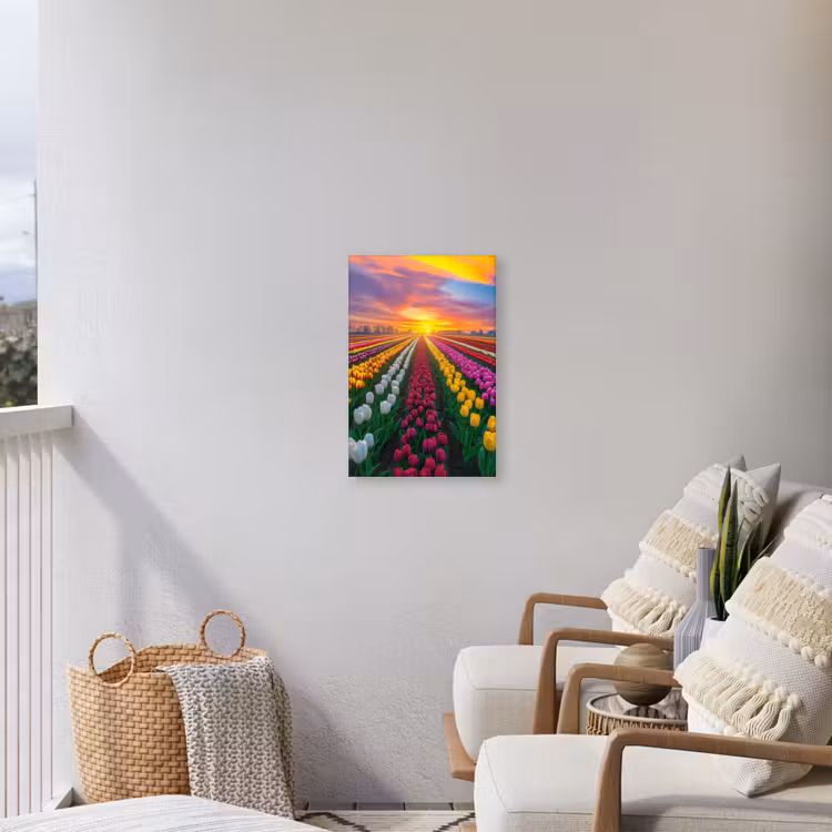 Tulpenveld - Zonsondergang - Kleurrijk Tuinposter op houten frame 2 cm dik klein -sfeer1