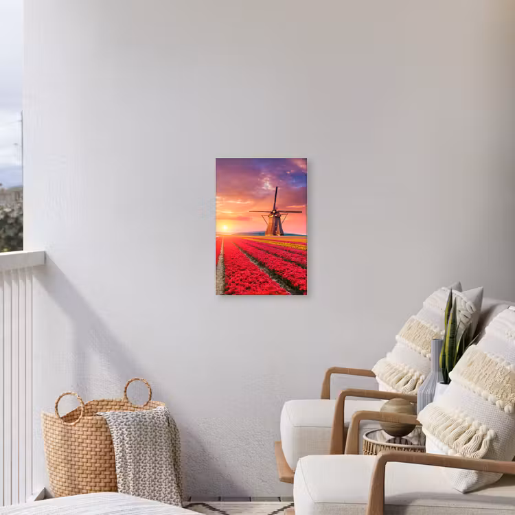 Tulpenvelden met windmolens bij zonsondergang Tuinposter op houten frame 2 cm dik klein -sfeer1