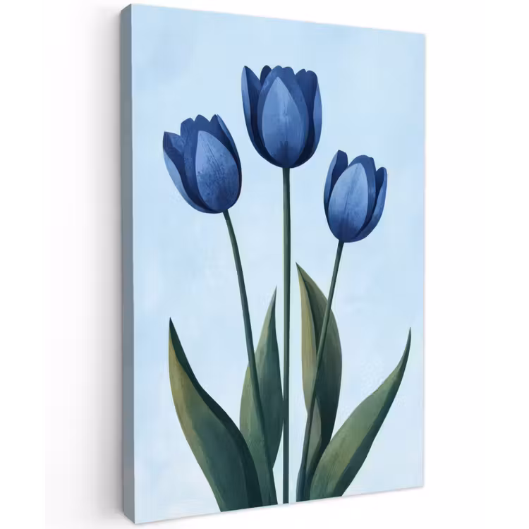 Tulpen - Blauw - Bladeren Tuinposter op houten frame 2 cm dik klein -3d