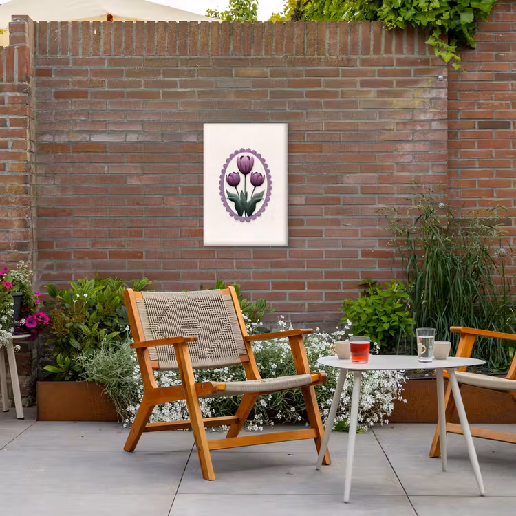 Tulpen - Paars - Lijst - Bladeren Tuinposter op houten frame 2 cm dik klein -sfeer3