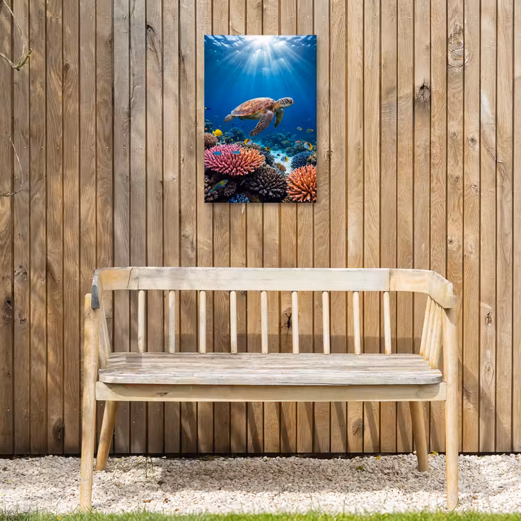 Schildpad - Koraalrif - Oceaan - Dieren - Blauw Tuinposter op houten frame 2 cm dik klein -sfeer4
