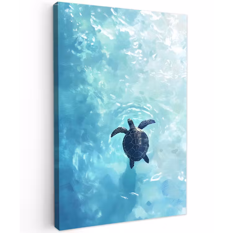 Schildpad - Zee - Blauw - Schittering Tuinposter op houten frame 2 cm dik klein -3d