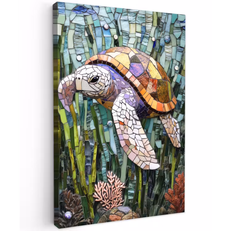 Schildpad - Zeewier - Mozaïek Tuinposter op houten frame 2 cm dik klein -3d