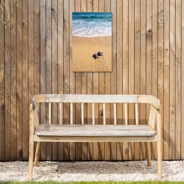 Schildpad - Jong - Strand - Oceaan - Blauw Tuinposter op houten frame 2 cm dik klein -sfeer4
