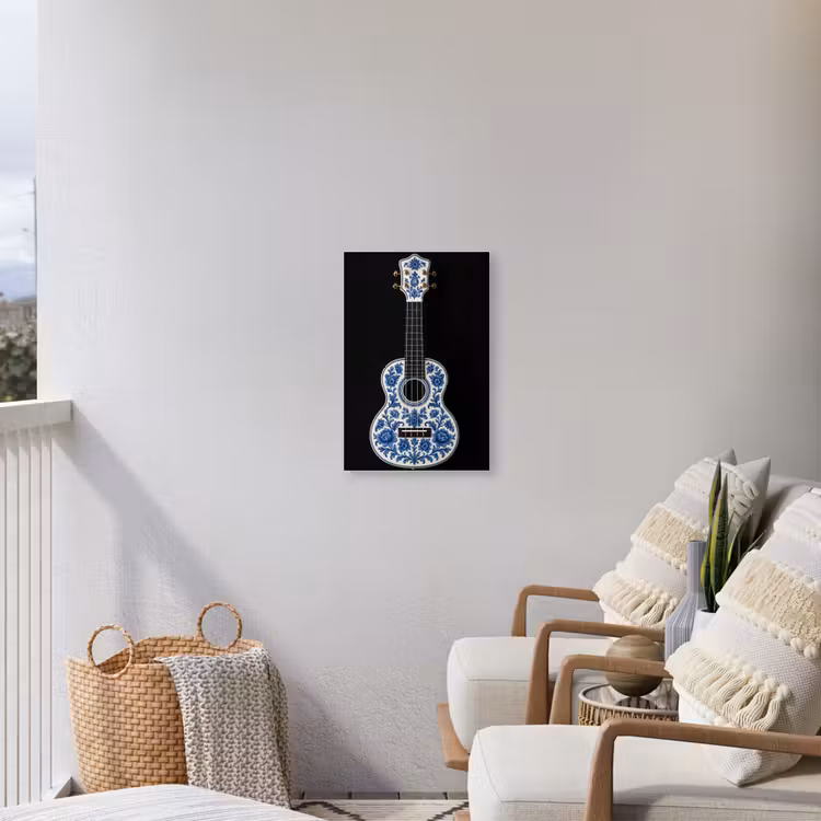 Ukelele - Delfts - Blauw - Muziek Tuinposter op houten frame 2 cm dik klein -sfeer1