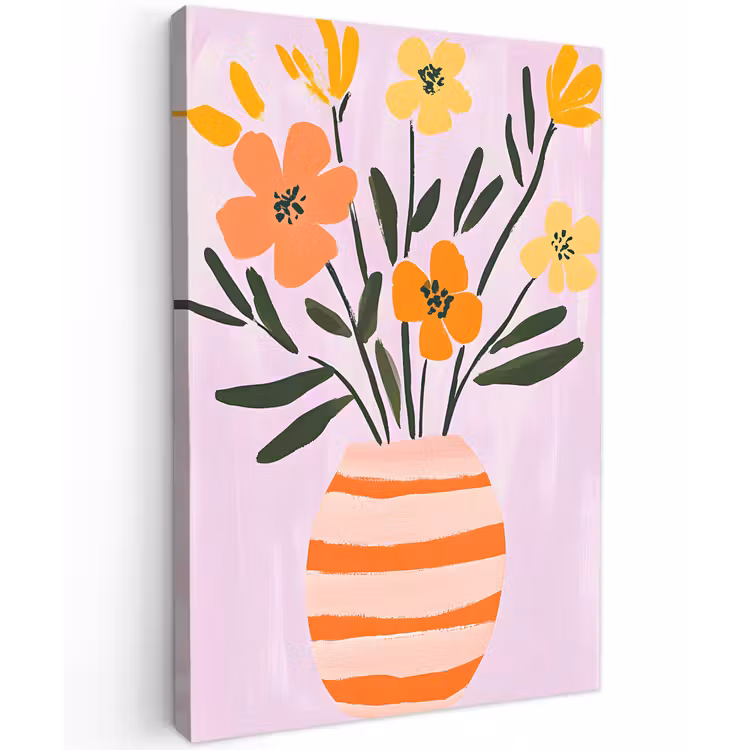Vaas - Gestreept - Bloemen - Oranje Tuinposter op houten frame 2 cm dik klein -3d