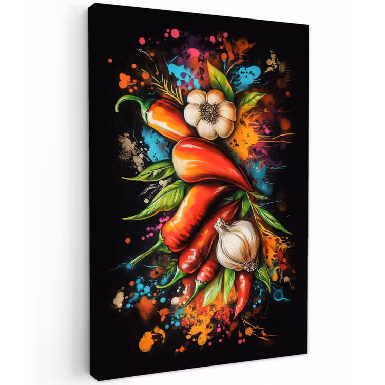 Groente - Peper - Knoflook - Graffiti - Verf - Kleurrijk Tuinposter op houten frame 2 cm dik klein -3d