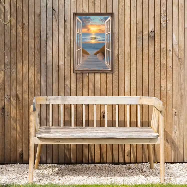 Doorkijk - Strand - Pad - Zonsondergang Tuinposter op houten frame 2 cm dik klein -sfeer4