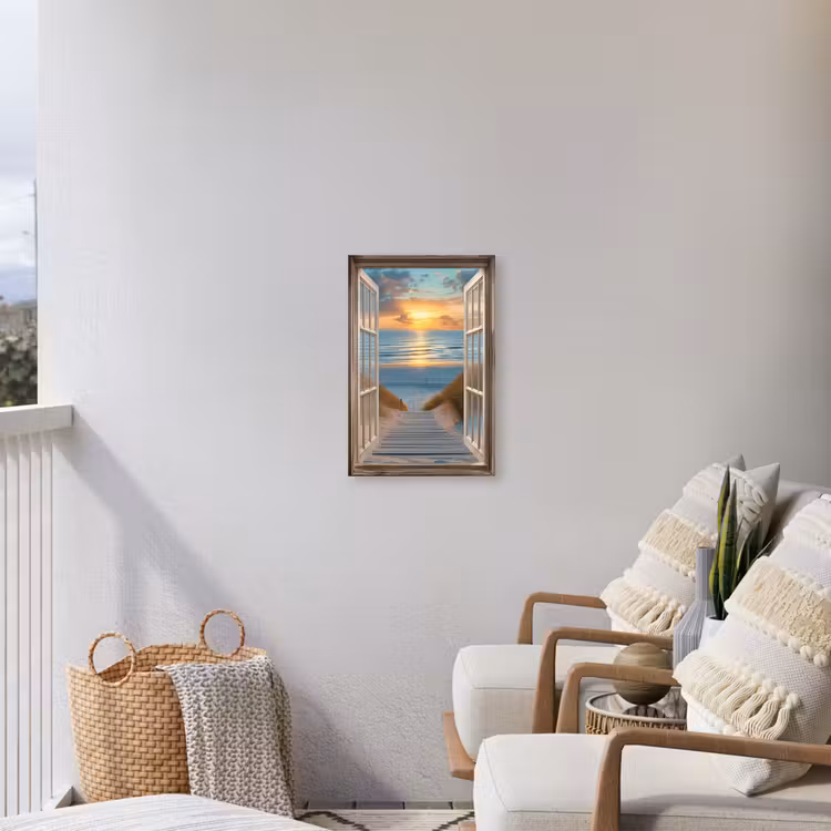 Doorkijk - Strand - Pad - Zonsondergang Tuinposter op houten frame 2 cm dik klein -sfeer1