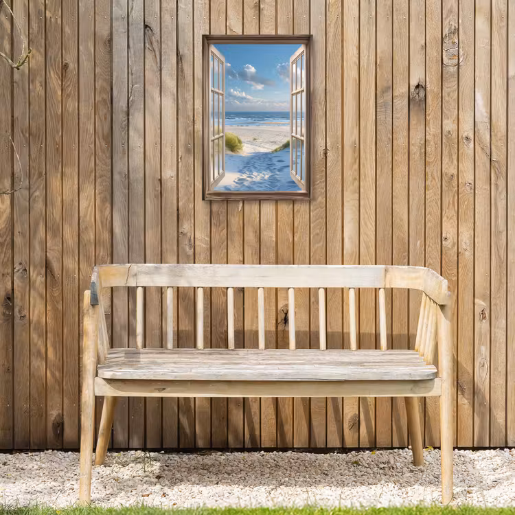 Doorkijk - Strand - Raam - Duinen - Zee Tuinposter op houten frame 2 cm dik klein -sfeer4