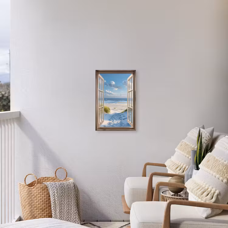Doorkijk - Strand - Raam - Duinen - Zee Tuinposter op houten frame 2 cm dik klein -sfeer1