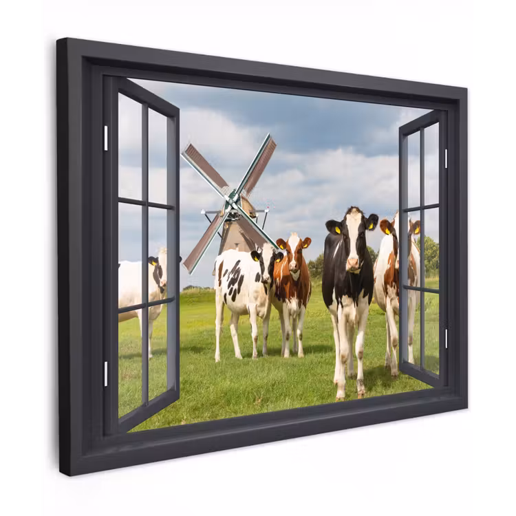 Doorkijk - Koe - Molen - Koeien - Weiland - Gras - Groen Tuinposter op houten frame 2 cm dik klein -3d