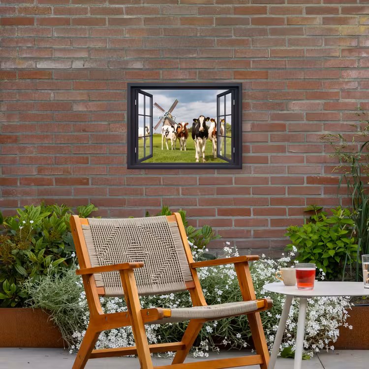 Doorkijk - Koe - Molen - Koeien - Weiland - Gras - Groen Tuinposter op houten frame 2 cm dik klein -sfeer3