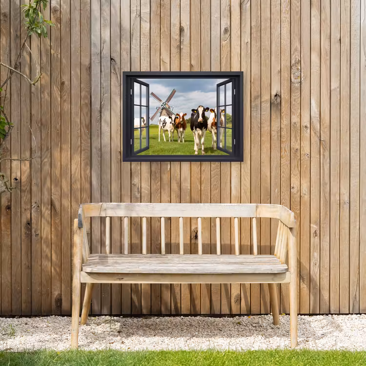 Doorkijk - Koe - Molen - Koeien - Weiland - Gras - Groen Tuinposter op houten frame 2 cm dik klein -sfeer4