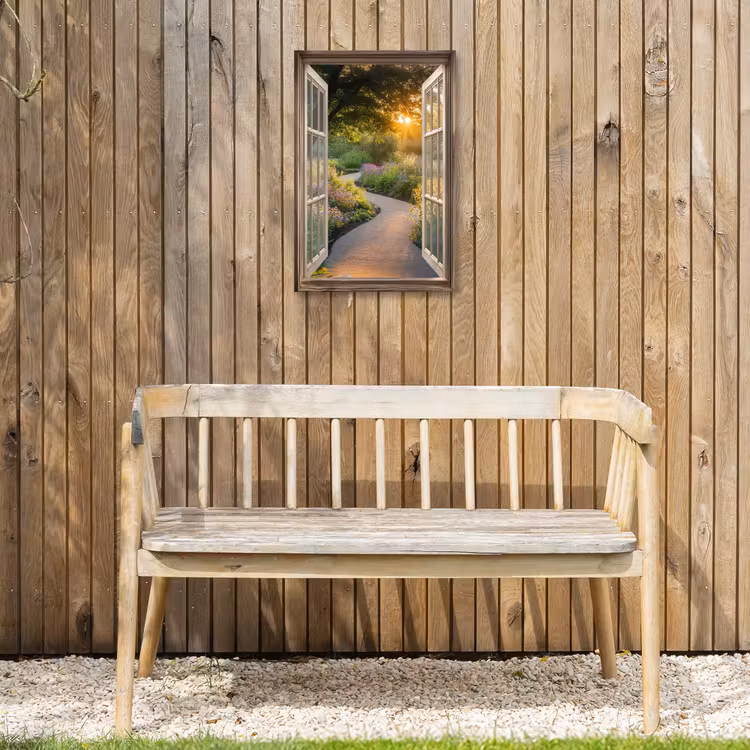 Doorkijk - Bloemen - Natuur - Zon - Pad Tuinposter op houten frame 2 cm dik klein -sfeer4
