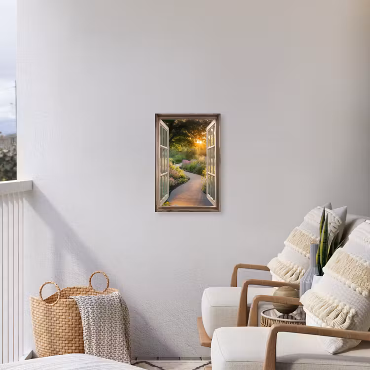 Doorkijk - Bloemen - Natuur - Zon - Pad Tuinposter op houten frame 2 cm dik klein -sfeer1