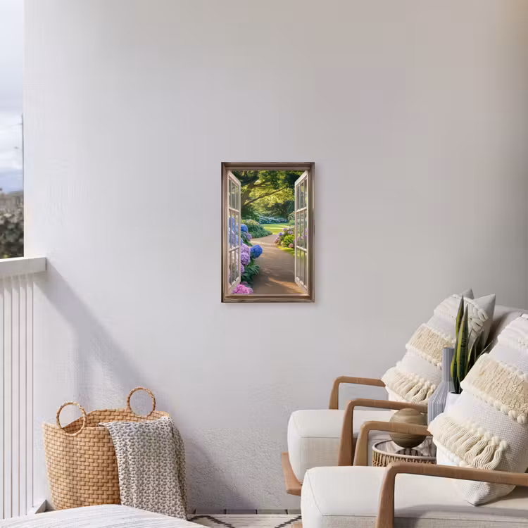 Doorkijk - Tuin - Raam - Hortensia - Bloemen Tuinposter op houten frame 2 cm dik klein -sfeer1