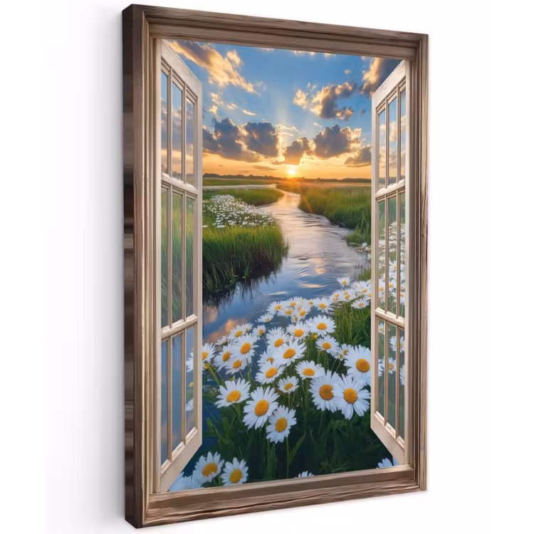 Doorkijk - Landschap - Raam - Water - Zonsondergang Tuinposter op houten frame 2 cm dik klein -3d