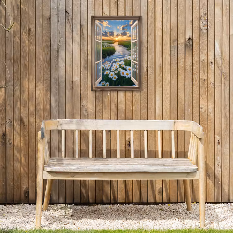Doorkijk - Landschap - Raam - Water - Zonsondergang Tuinposter op houten frame 2 cm dik klein -sfeer4