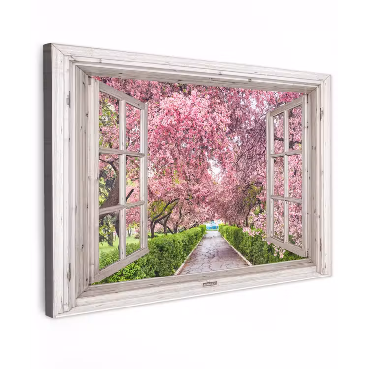 Uitzicht op Bloeiende Kersenbomen Tuinposter op houten frame 2 cm dik middel -3d