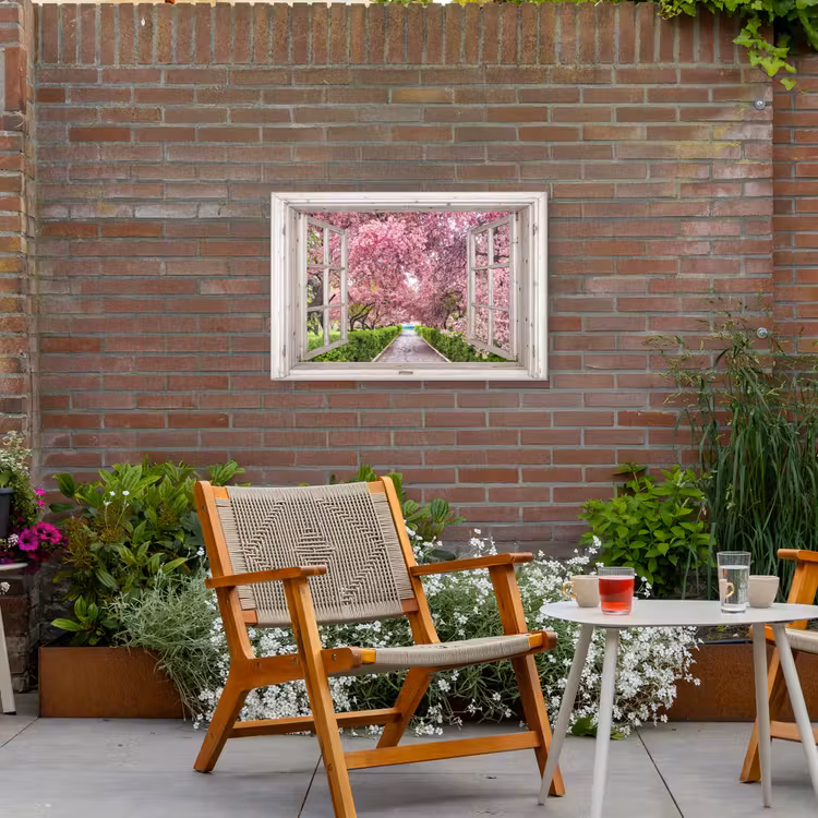 Uitzicht op Bloeiende Kersenbomen Tuinposter op houten frame 2 cm dik middel -sfeer3