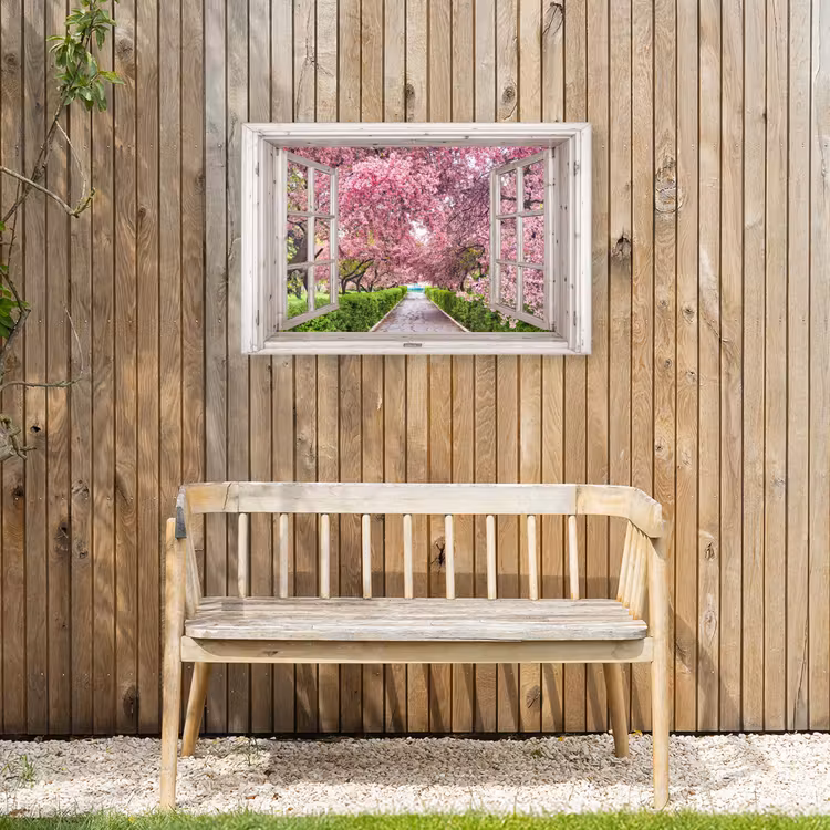 Uitzicht op Bloeiende Kersenbomen Tuinposter op houten frame 2 cm dik middel -sfeer4
