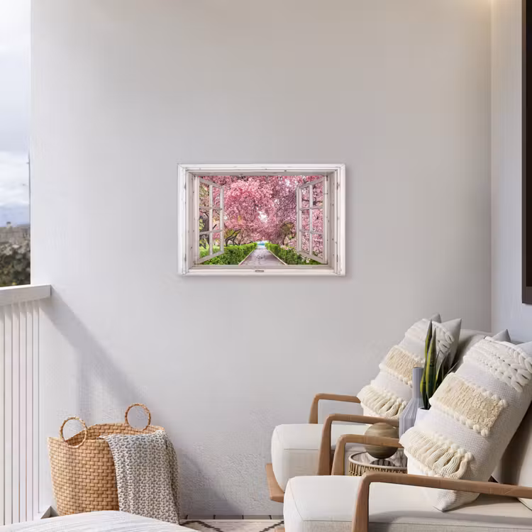 Uitzicht op Bloeiende Kersenbomen Tuinposter op houten frame 2 cm dik middel -sfeer1