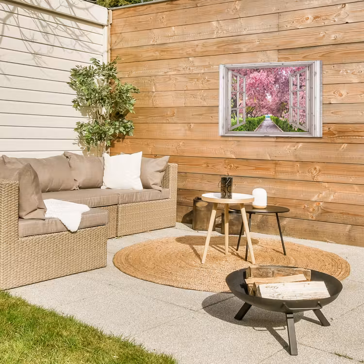 Uitzicht op Bloeiende Kersenbomen Tuinposter op houten frame 2 cm dik middel -sfeer2