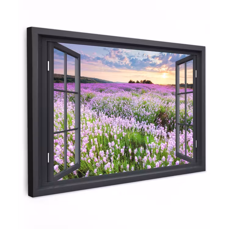 Uitzicht op Lavendelveld bij Zonsondergang Tuinposter op houten frame 2 cm dik middel -3d