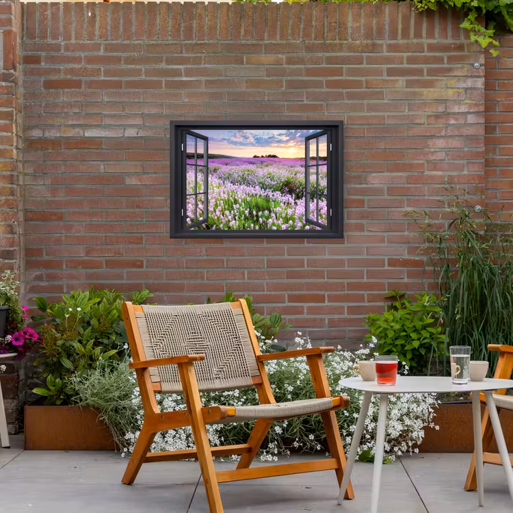 Uitzicht op Lavendelveld bij Zonsondergang Tuinposter op houten frame 2 cm dik middel -sfeer3