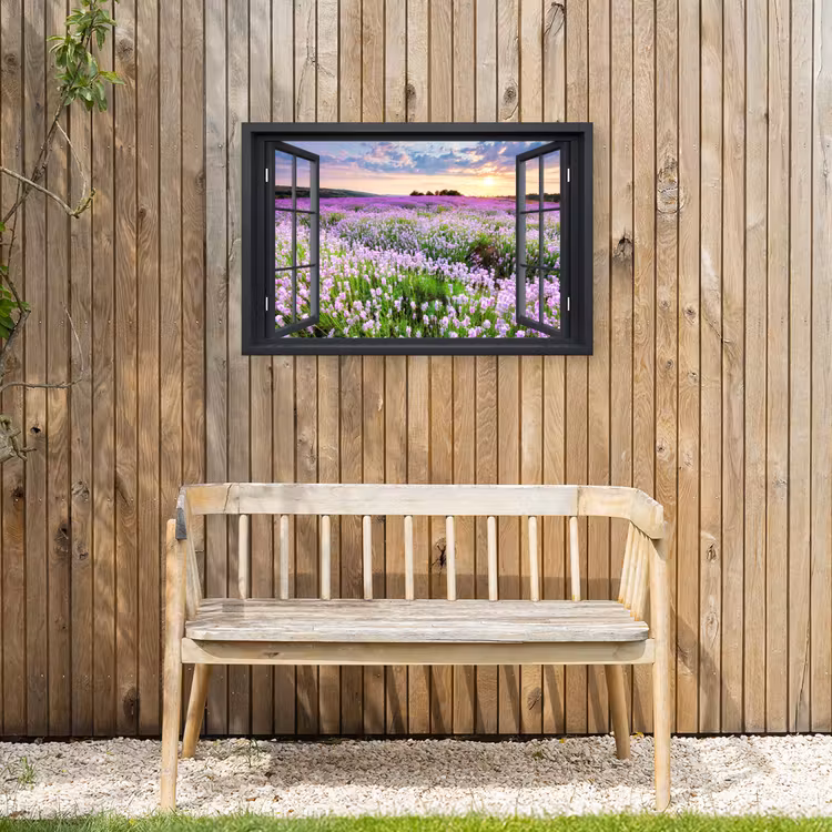 Uitzicht op Lavendelveld bij Zonsondergang Tuinposter op houten frame 2 cm dik middel -sfeer4