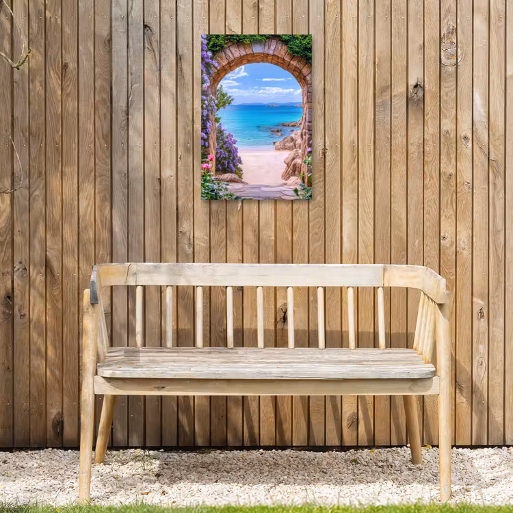 Doorkijk - Poort - Zee - Strand - Rotsen Tuinposter op houten frame 2 cm dik klein -sfeer4