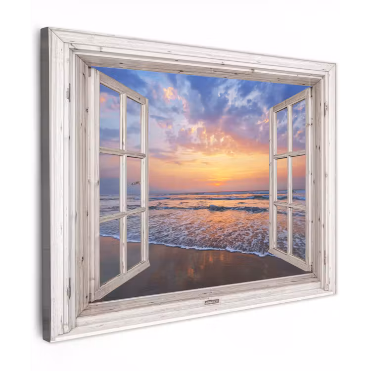 Doorkijk - Zee - Strand - Zonsondergang - Blauw Tuinposter op houten frame 2 cm dik klein -3d