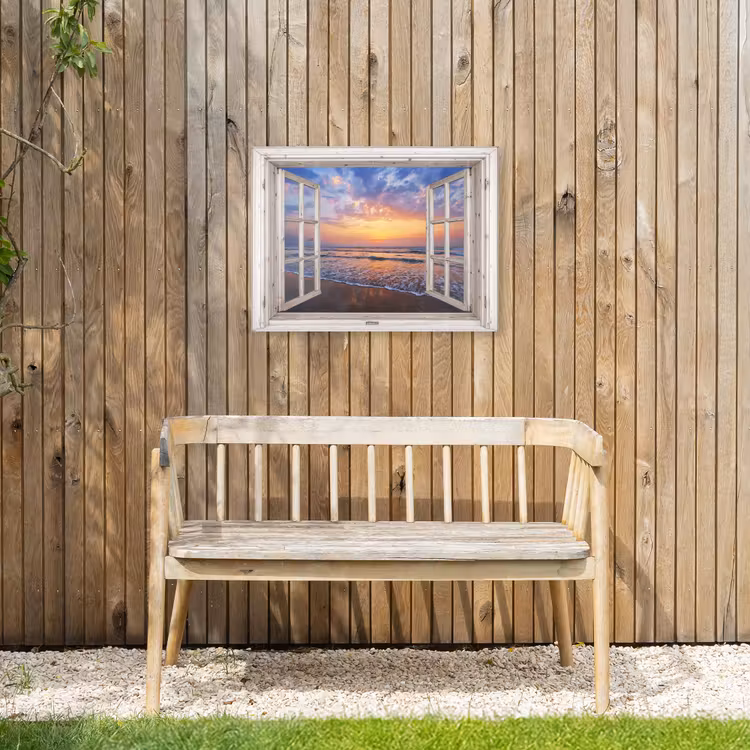 Doorkijk - Zee - Strand - Zonsondergang - Blauw Tuinposter op houten frame 2 cm dik klein -sfeer4