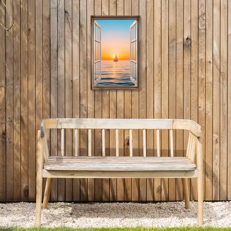 Doorkijk - Zee - Boot - Zonsondergang Tuinposter op houten frame 2 cm dik klein -sfeer4
