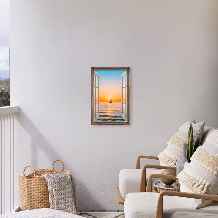 Doorkijk - Zee - Boot - Zonsondergang Tuinposter op houten frame 2 cm dik klein -sfeer1