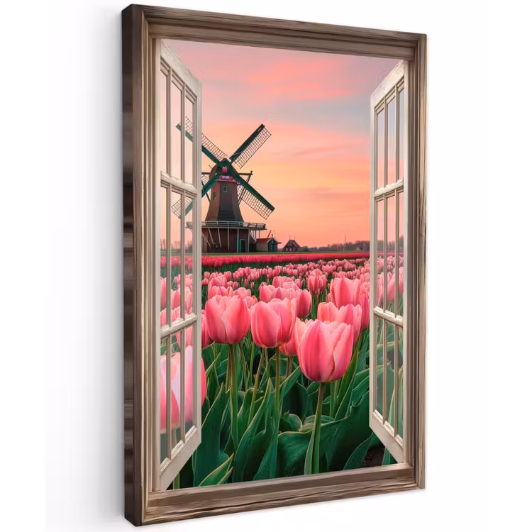 Doorkijk - Tulpen - Bloemen - Molen - Raam Tuinposter op houten frame 2 cm dik klein -3d