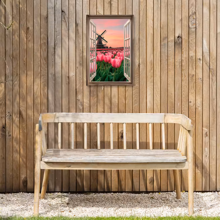 Doorkijk - Tulpen - Bloemen - Molen - Raam Tuinposter op houten frame 2 cm dik klein -sfeer4
